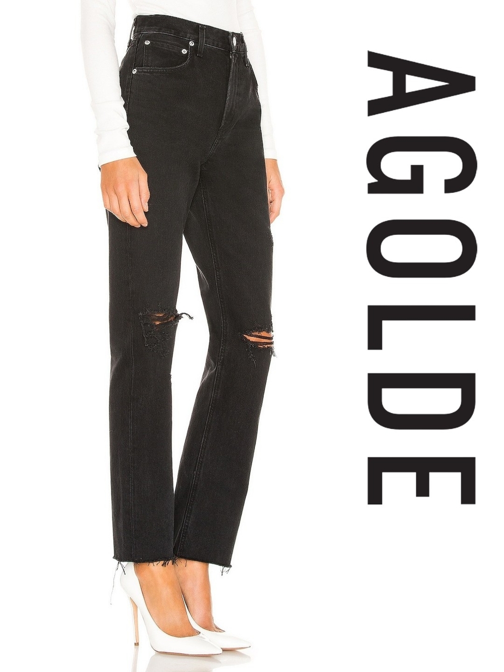 AGOLDE High-Rise Black Distressed Straight-Leg Jeans - Size 25